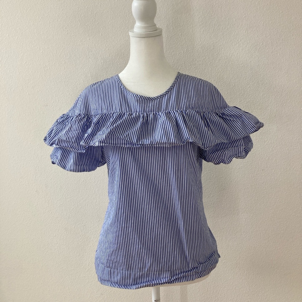 Cotton blue and white pinstripe short sleeve blouse with ruffles